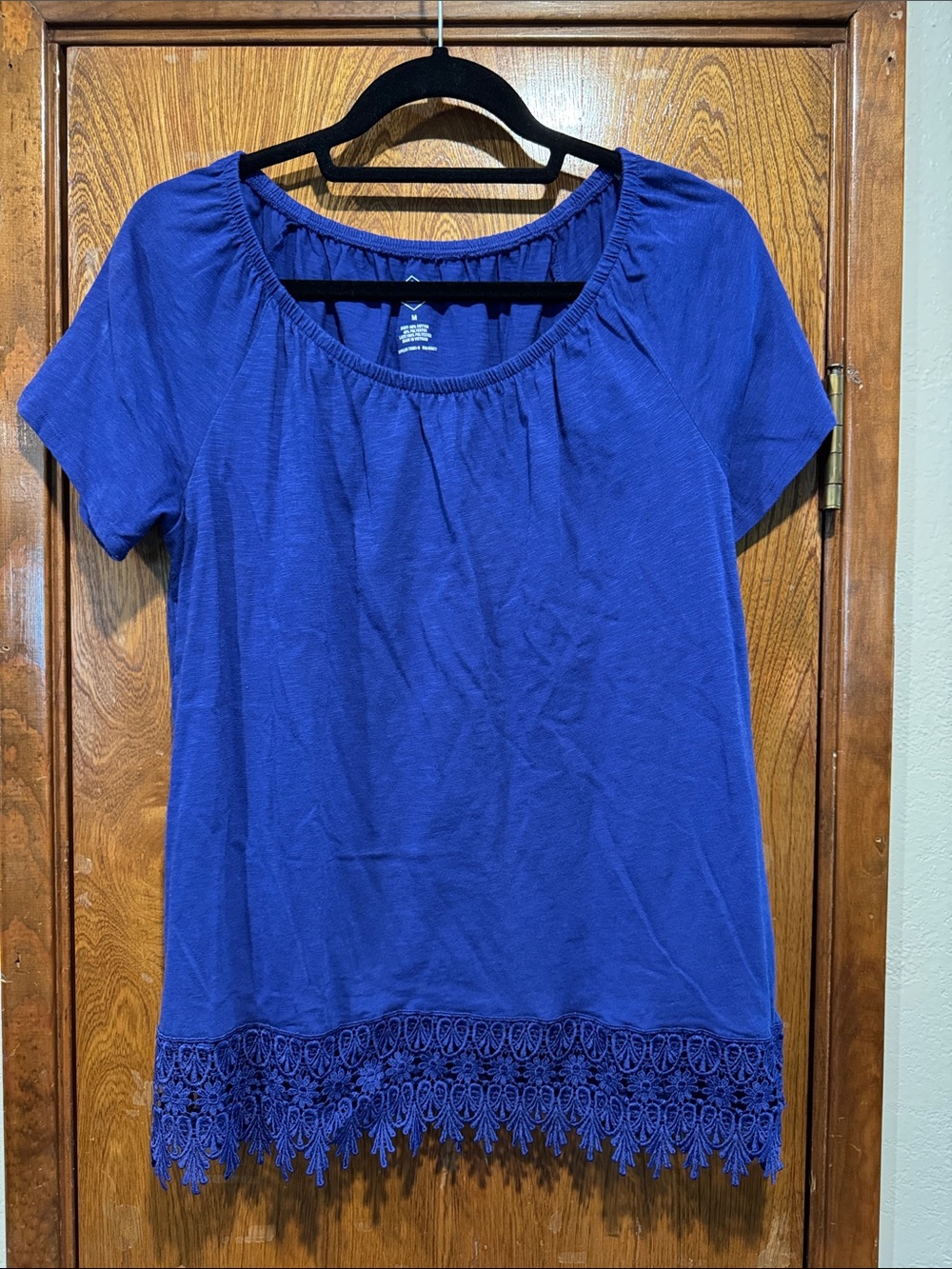 St. John's Bay Royal Blue Scoop Neck Top with Crochet Hem on front of shirt